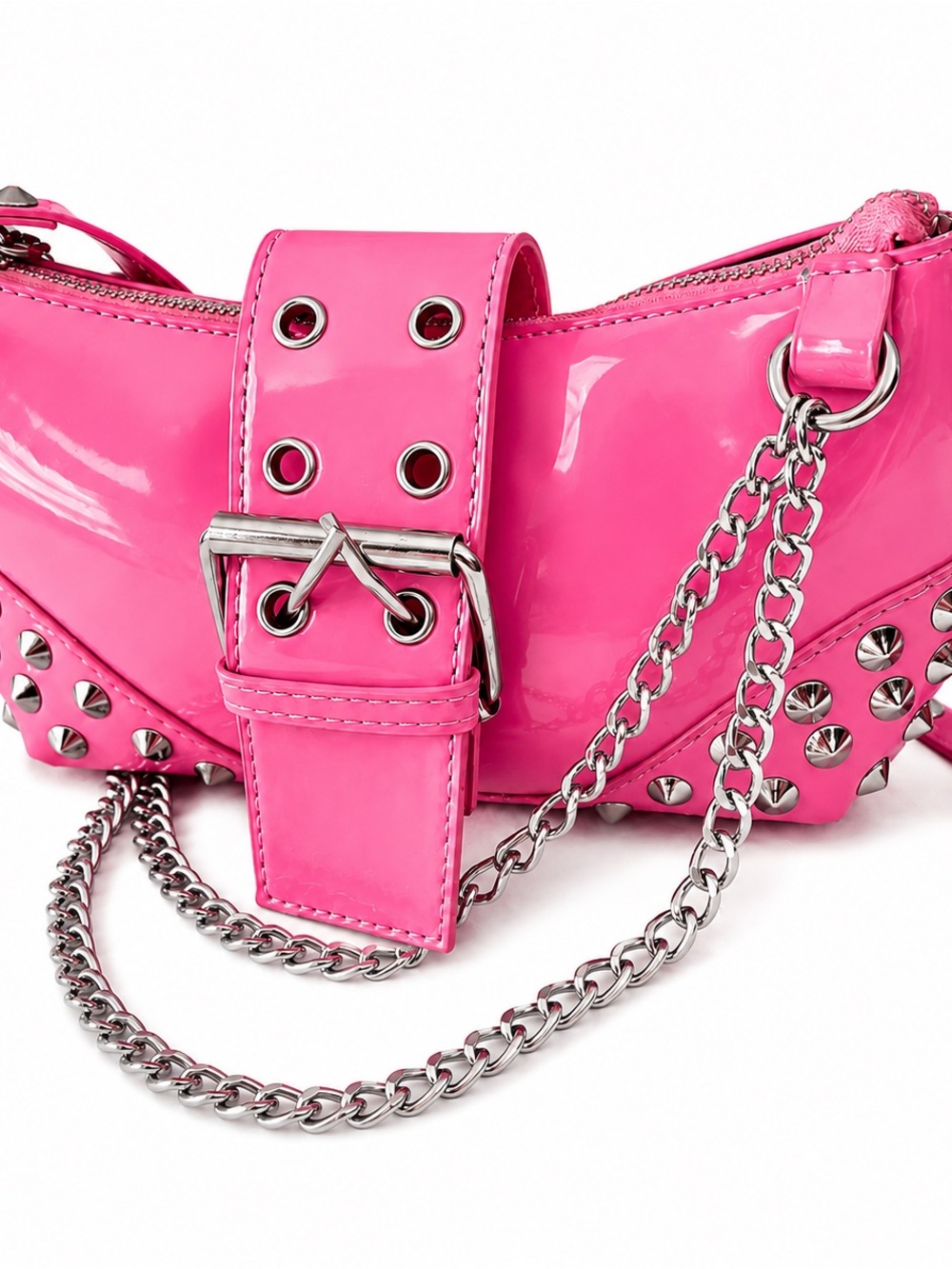 Bubblegum Pink Studded Patent Shoulder Bag with Silver Chain